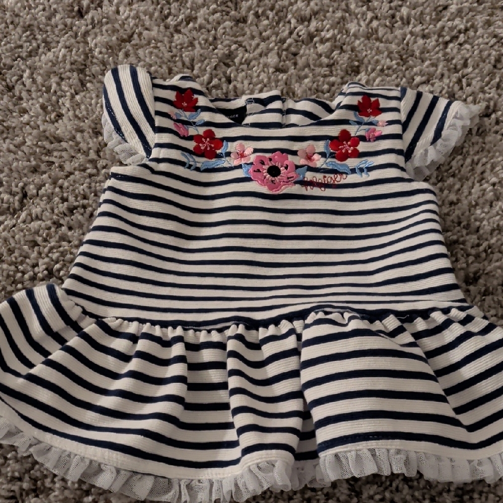6/$35 Tommy Hillfiger Navy and White Striped Dress with Pink Floral Accents